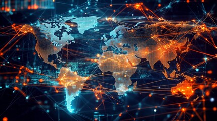 Digital world map dark blue background made up impact of technologies