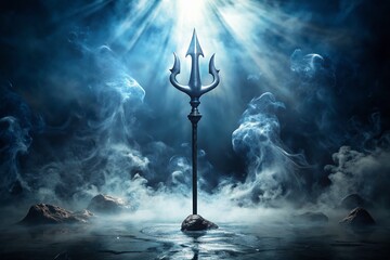 Captivating Image of a Diabolical Trident with High Depth of Field Surrounded by Mystical Elements and Dark Atmosphere, Highlighting Its Intricate Design and Sinister Appeal