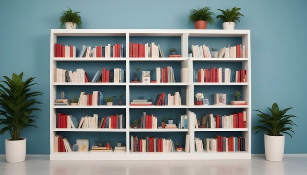 Una estanter&iacute;a blanca con varios libros y plantas en macetas, contra una pared de color claro