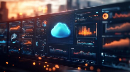 Obraz premium Large computer monitor multiple screens displaying various graphs Cloud Monitoring interface