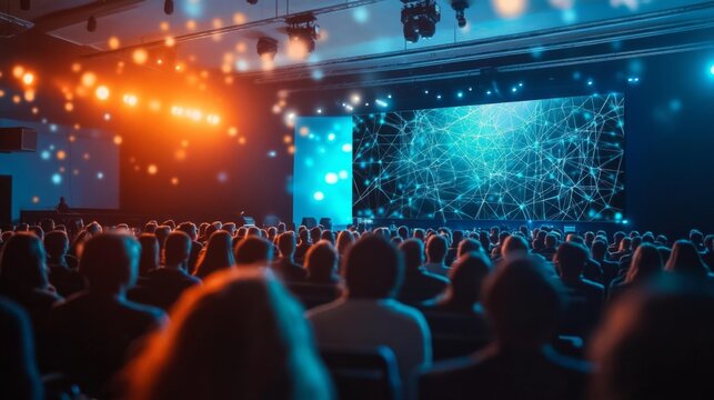Large auditorium stage center is lit up blue Innovation Symposium: Futuristic Tech