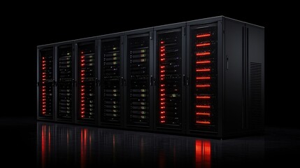 High-density server racks illuminated with red lights in a dark data center environment