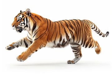 Obraz premium A majestic tiger leaping gracefully against a crisp white backdrop in stunning isolation