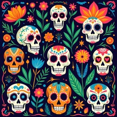 Mexican Artwork Featuring Colorful Day of the Dead Icons and Symbols.