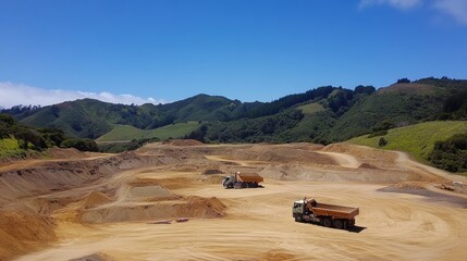 A sand quarry surrounded by hills, with a clear view of trucks loading and transporting materials