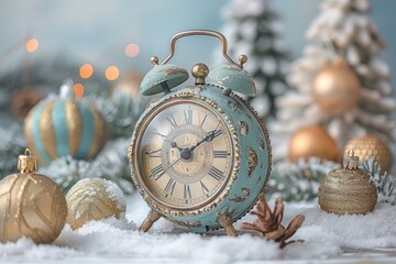 Christmas countdown concept featuring alarm clock and decorations on a light blue background