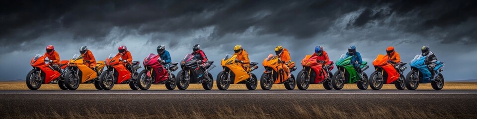 Fototapeta premium Colorful motorcycle riders line up on an empty road under dramatic stormy skies during a group ride event