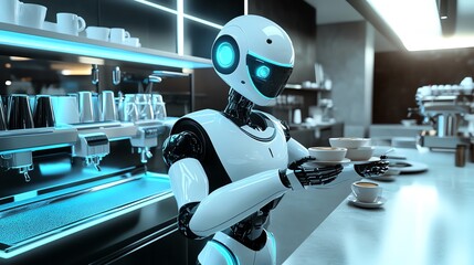 A futuristic robot serving espresso in a modern cafe.