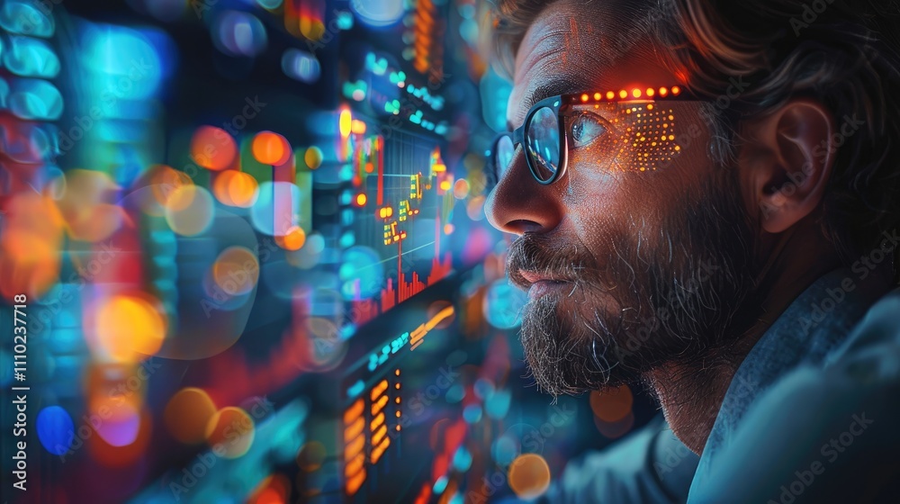 Poster businessman in office, with laptop, holographic digital view of financial graph and data showing the