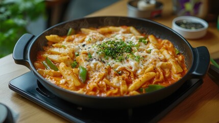 A sizzling pan of rose noodle tteokbokki with creamy sauce and colorful vegetables, served on a modern table setup