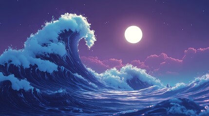 A serene ocean wave under a glowing moon with vibrant colors.