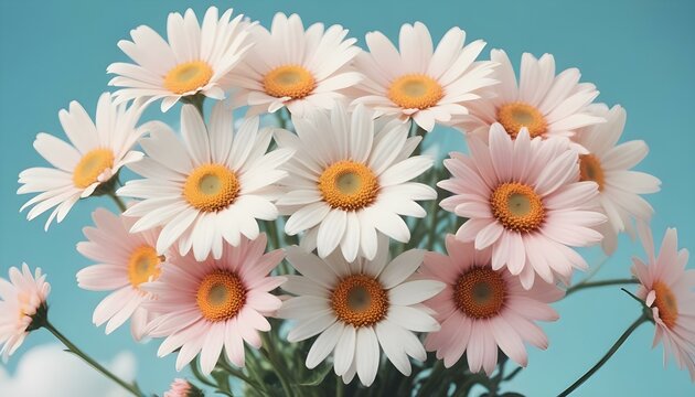 Un ramo de flores de margaritas rosas y blancas sobre un fondo azul claro