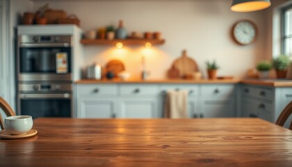 Fototapeta premium Modern blurred kitchen interior with wood furniture and luxury design includes sink stove oven and table in a contemporary apartment room with cooking appliances and decor