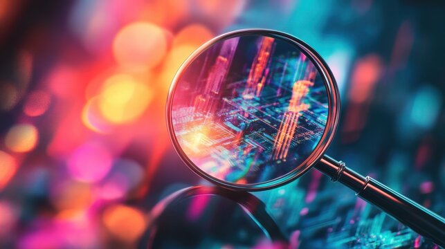 Technology and scientific breakthroughs and emerging trends. Imagining the future of Science and Technology. scientific discoveries change world. Magnifier on abstract color background