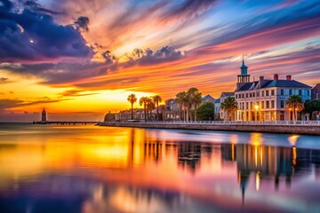 Obraz premium Captivating Long Exposure of a Charleston Sunset Over Historic Waterfront with Vibrant Colors and Tranquil Reflections on Water, Creating a Serene Atmosphere for Nature Lovers