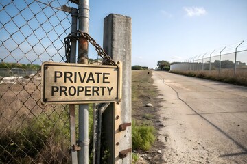 Private property sign on locked fence with chain