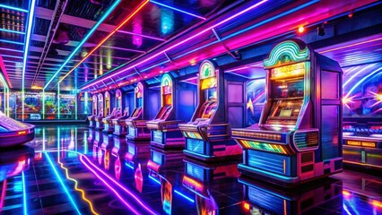 Obraz premium Captivating Long Exposure of Arcade Game Machines Bathed in Vibrant Purple and Blue Lights for an Energetic Gaming Atmosphere