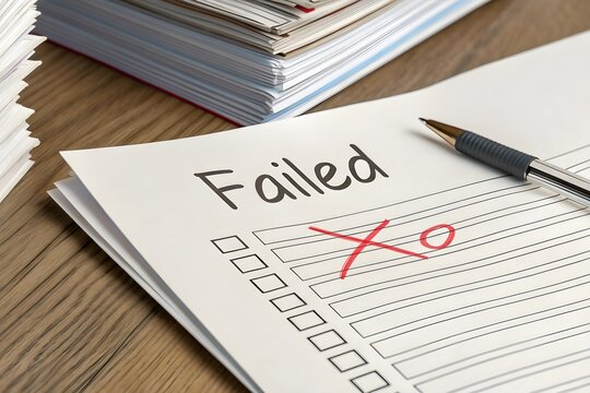 Failed test paper with red cross and pen. Exam failure 