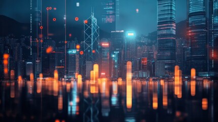 The vibrant skyline of Hong Kong lights up the night with its towering skyscrapers reflecting city life, while digital graphs overlay the scene, indicating market insights.