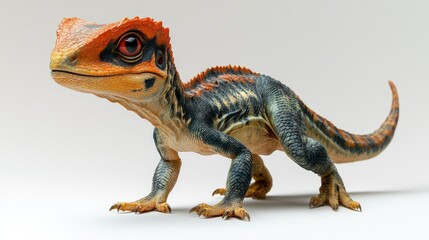Obraz premium Colorful lizard with orange, blue, and black scales, standing on white background.