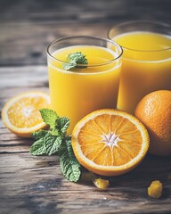 Refreshing orange juice served in glasses with fresh oranges and mint on a rustic wooden table.