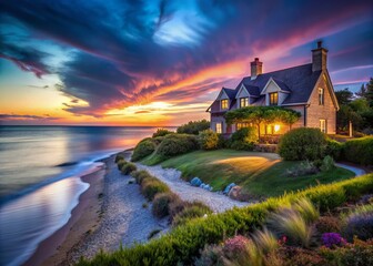 Naklejka premium Captivating Long Exposure of French Country Cape Cod Homes at Dusk with Soft Lighting and Tranquil Atmosphere, Showcasing Serene Coastal Living and Charming Architecture