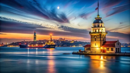 Fototapeta premium Captivating Long Exposure of Maiden's Tower with a Cargo Ship Gliding Through the Bosphorus at Night, Showcasing the Stunning Cityscape of Istanbul's Iconic Landmark