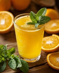 A refreshing glass of orange juice garnished with mint, surrounded by fresh oranges.