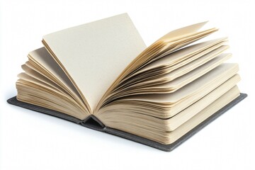 Blank skinny book lying open on a surface with medium grey paper pages