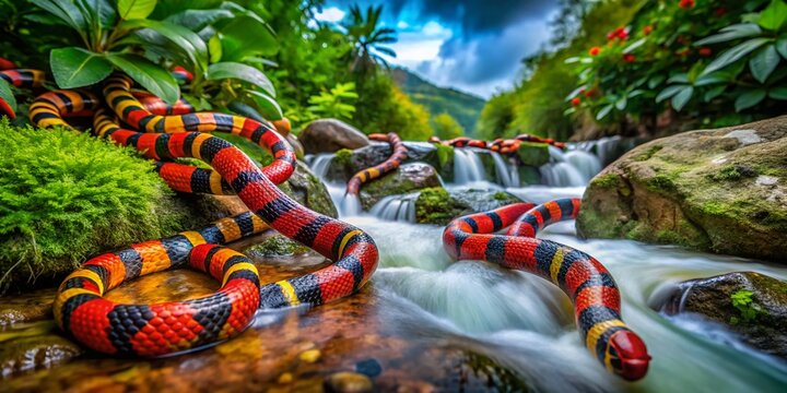Captivating Long Exposure Photography of Coral Snakes in Their Natural Habitat Featuring Vibrant Colors and Intricate Patterns, Perfect for Nature and Wildlife Enthusiasts