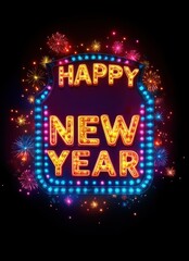 Neon Happy New Year sign glowing above a wet city street with lights, fireworks, reflections