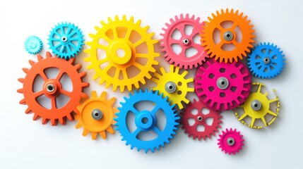 An abstract visualization of multi-colored gears interlocking to create a unified, functional machine on a neutral backdrop