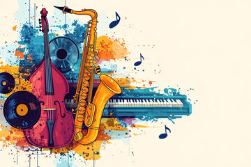 raditional jazz instruments, vinyl records and musical notes. Concept of movement and rhythm. Poster for a jazz concert.