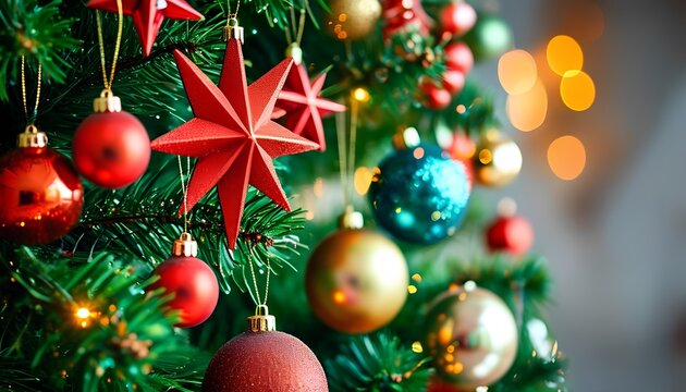 Festive christmas tree decorations cozy living room holiday content warm atmosphere close-up view seasonal celebration ideas for home and lifestyle
