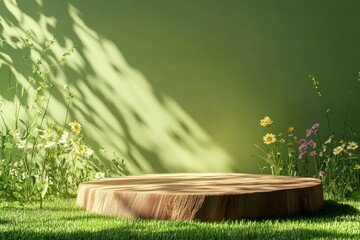 Wooden product display podium in green room with grass flowers and sunshine shadow background. Product presentation theme. Nature and Organic cosmetic and food concept. 3D illustration rendering 