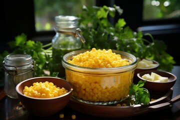 Corn kernels soup in glass bowl on the side on stone table , sharp and clear focus, taken in the style of a professional food photographer, artistic, unique, wooden background, hyper realistic