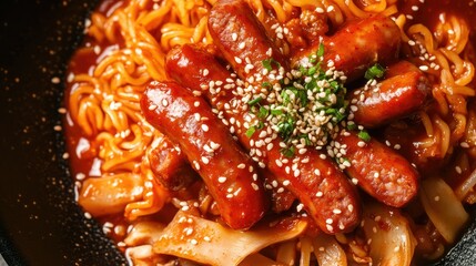 A vibrant image of rose tteokbokki with chewy noodles, spicy sausage slices, and a sprinkle of sesame seeds