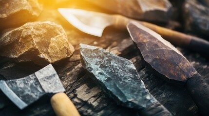 Close-up of ancient stone tools, sharp flint knives, and polished axes on a weathered wooden surface, symbolizing prehistoric craftsmanship and the dawn of human ingenuity.