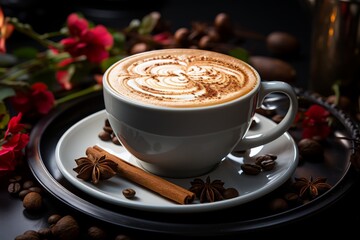 espresso, steamed milk, and milk foam, often topped with cocoa powder or cinnamon on stone table with flowers , sharp and clear focus, taken in the style of a professional food photographer
