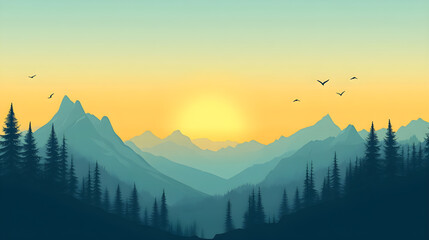Morning view with forest and mountains overlooking the sky and rising sun.