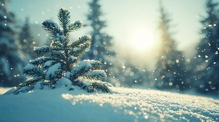 Snowy landscape with fir tree under soft sunlight during winter afternoon
