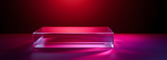 Floating glass podium under soft lighting, surrounded by a vibrant magenta background with plenty of space to feature a product.