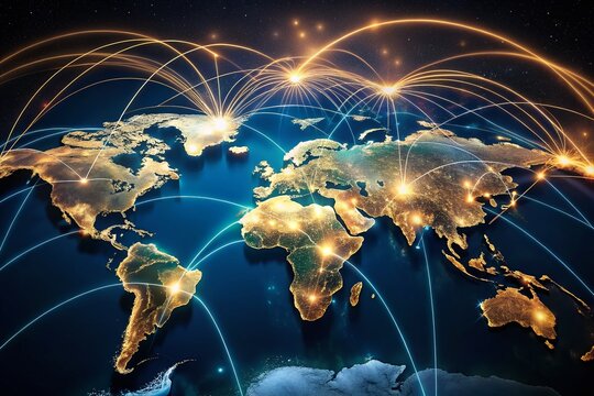 Captivating Low Light Photography of Transatlantic Flight Paths on a World Map, Showcasing Dynamic Routes Across the Atlantic Ocean with Beautiful Nighttime Aesthetics