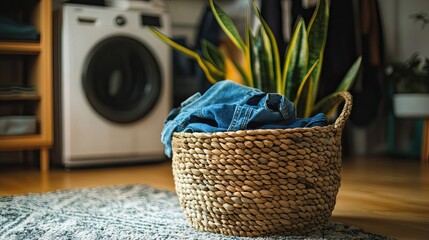 Obraz premium A woven laundry basket filled with denim and sweatshirts, placed on a soft rug in a cozy home
