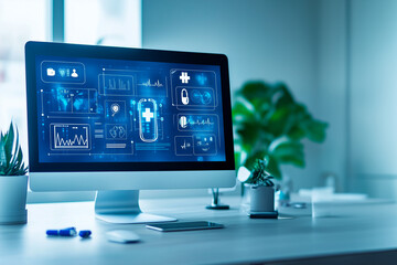 Modern computer screen displaying health insurance website with medical icons and graphs, representing convenient online access to healthcare and medical coverage