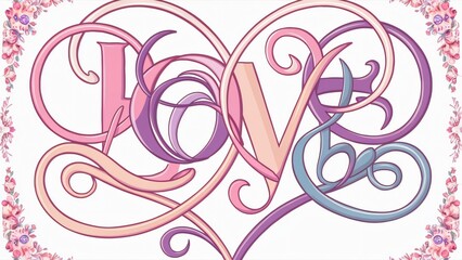 Obraz premium Elegant Heart-Shaped Love Calligraphy Design, Romantic Floral Pattern for Valentine's Day, Wedding Invitations, and Love-Themed Projects