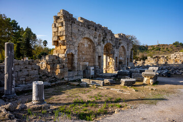 Rows of columns in Perge, Antalya, Turkey. Remains of colonnaded street in Pamphylian ancient city.
