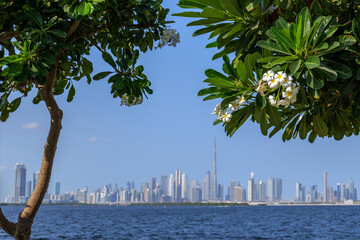 scenic view of downtown Dubai, featuring the Burj Khalifa and modern skyscrapers framed by lush green trees. Serene atmosphere to the urban landscape