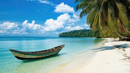Fototapeta premium Serene Beach with Boat and Palm Trees in Tropical Paradise