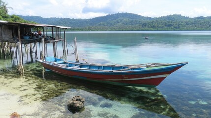 Fototapeta premium Colorful Fishing Boat Near Serene Coastal Landscape